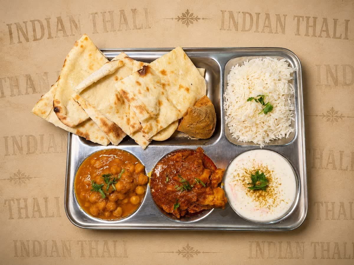 An Indian thali portioned as an individual meal
