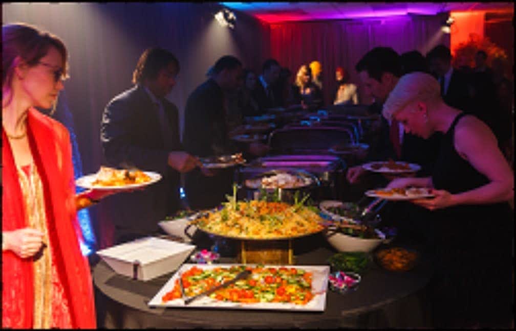 A buffet line laid out with chafing dishes